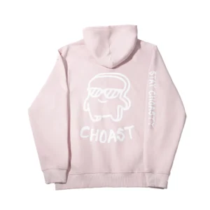 Showcasing the Pink Choast sweater. The back of the sweater is a big choast logo, and is available for purchase on this page.